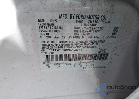 2023 Ford Maverick Xlt из США, поврежденный, VIN 3FTTW8F92PRA02374